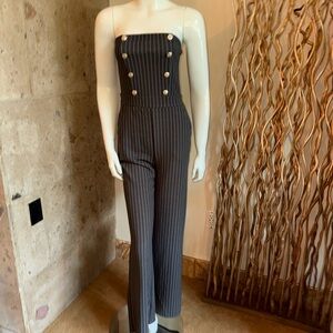 Madden Girl Black Pinstripe Strapless Jumpsuit with Gold Buttons